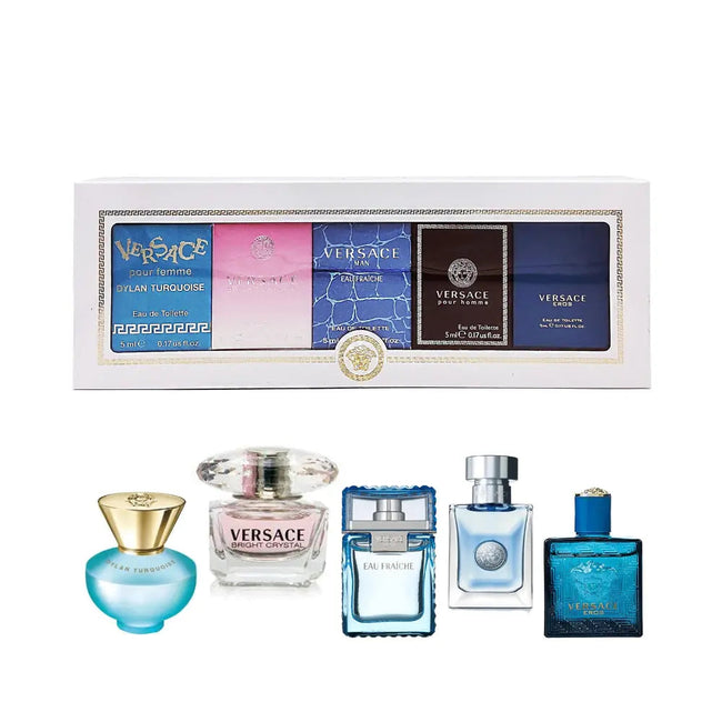 VERSACE 5PC MINI SET EROS + POUR HOMME + FRAICHE + BRIGHT CRYSTAL + DYLAN PURPLE