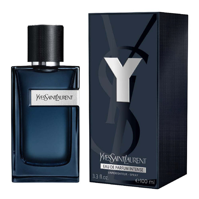 Yves Saint Laurent Y Intense Eau de Parfum for men in a 3.3 oz bottle with a black cap, alongside its packaging box.